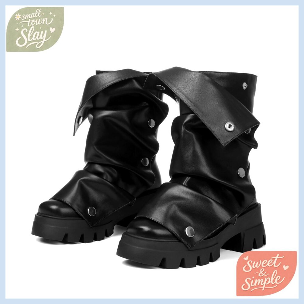 Slouchy Platform Combat Boots Fold Over Punk Style Mid Calf Pull On